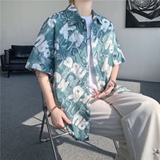 现货！夏季薄款翻领花衬衫短袖男抖音得物可送样EX50558-特P30，男装衬衫，电商A061