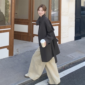 时尚灰色双排扣立领风衣女春秋款系带收腰中长款外套上衣图片
