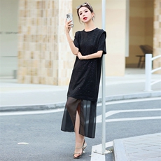 欧货高级感可拆卸连衣裙2025夏季新款烫钻T恤女网纱半身裙两件套，女装连衣裙，意芙
