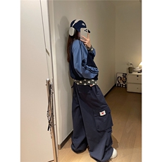 美式抽绳口袋工装阔腿裤女秋冬街头宽松休闲垂感拖地裤K6743-P59，男装工装外套，星座412-3