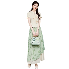 【蝶影竹园】夏季新款刺绣重工竹叶冰丝上衣＋不规则竹叶半裙套装，女装套装/套裙，宝儿家