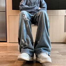 水洗做旧破洞牛仔裤男设计感小众潮牌裤子直筒美式长裤N1077-p45，男装牛仔裤，星座1008