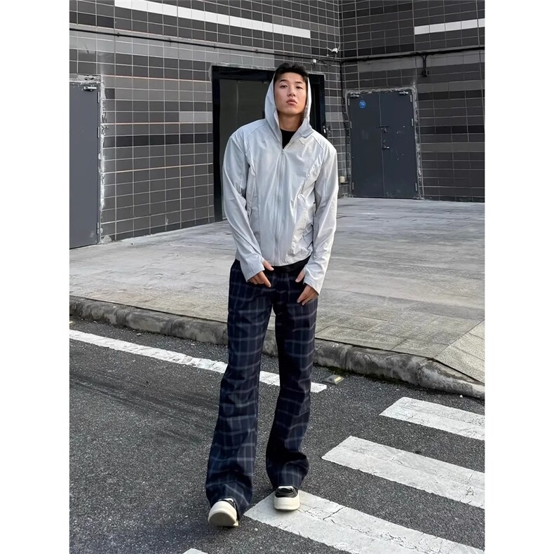 慵懒风格子裤男夏季薄款美式高街微喇裤子窄版弯刀直筒裤,男装休闲裤,星座506A