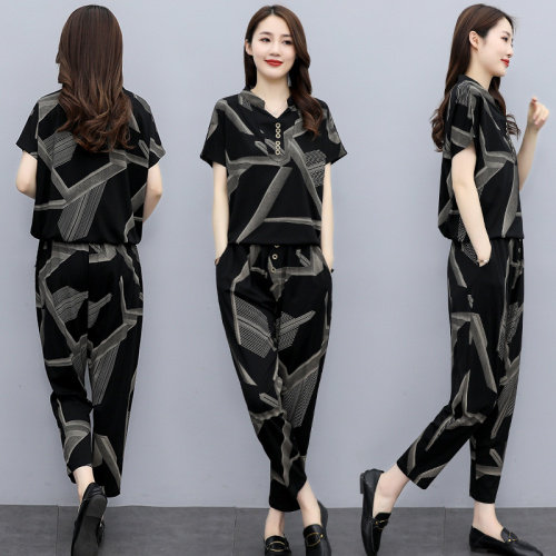 2021夏季时尚简约大方气质优雅收腰显瘦印花舒适圆领宽松休闲风两件套，商品下架区，华秀衣