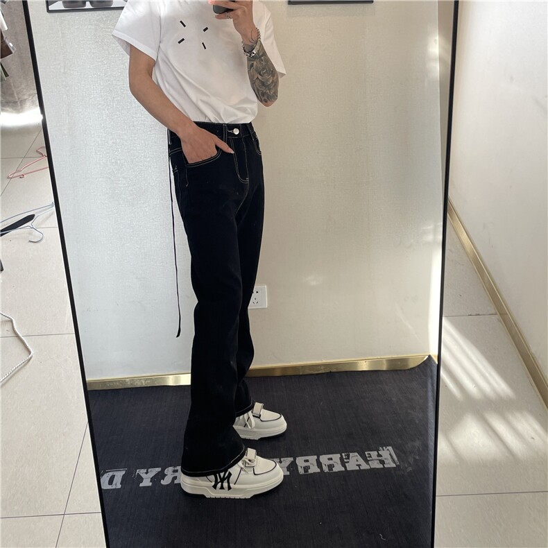 <自拍图>美式复古飘带微喇叭裤男高街显瘦修身牛仔裤Y9147-P48,男装牛仔裤,星座1109-4