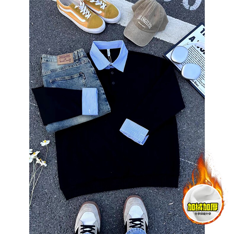 重磅加绒硬挺boxy男女美式高街假两件衬衫领长袖卫衣POLO领打底衫，男装T恤，电商A486