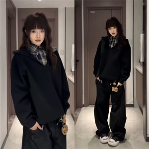假两件V领卫衣男秋季小众设计感外套美式重磅加绒连帽衫图片