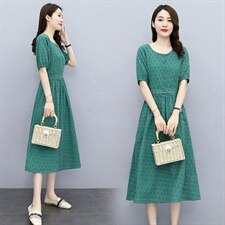 2021夏季新款简约气质圆领优雅时尚收腰修身显瘦连衣裙，女装连衣裙，多彩
