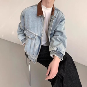 美式高级感撞色翻领短款牛仔夹克男 网图图片