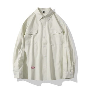 B413-1-DX6010港风复古长袖条纹衬衫男女潮牌宽松休闲工装衬衣服图片
