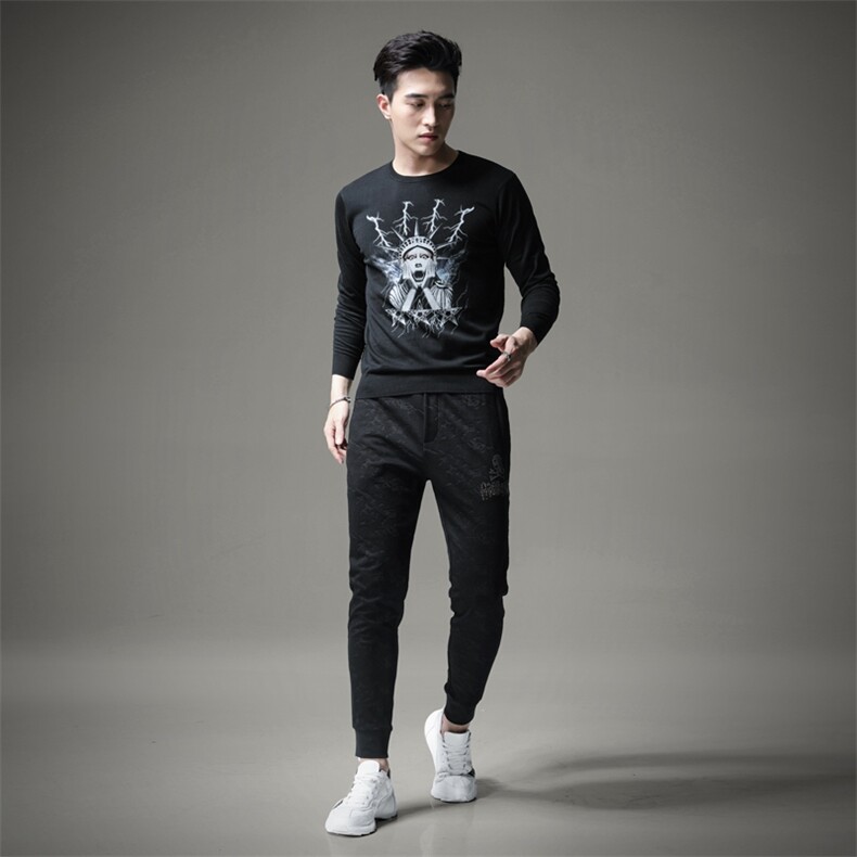 秋冬羊毛衫手绘印花薄长袖毛衣圆领打底针织衫S9919,男装针织衫/毛衣,天晨