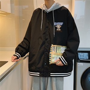 秋季韩版新款假两件连帽男港风夹克外套G621 P65控78图片