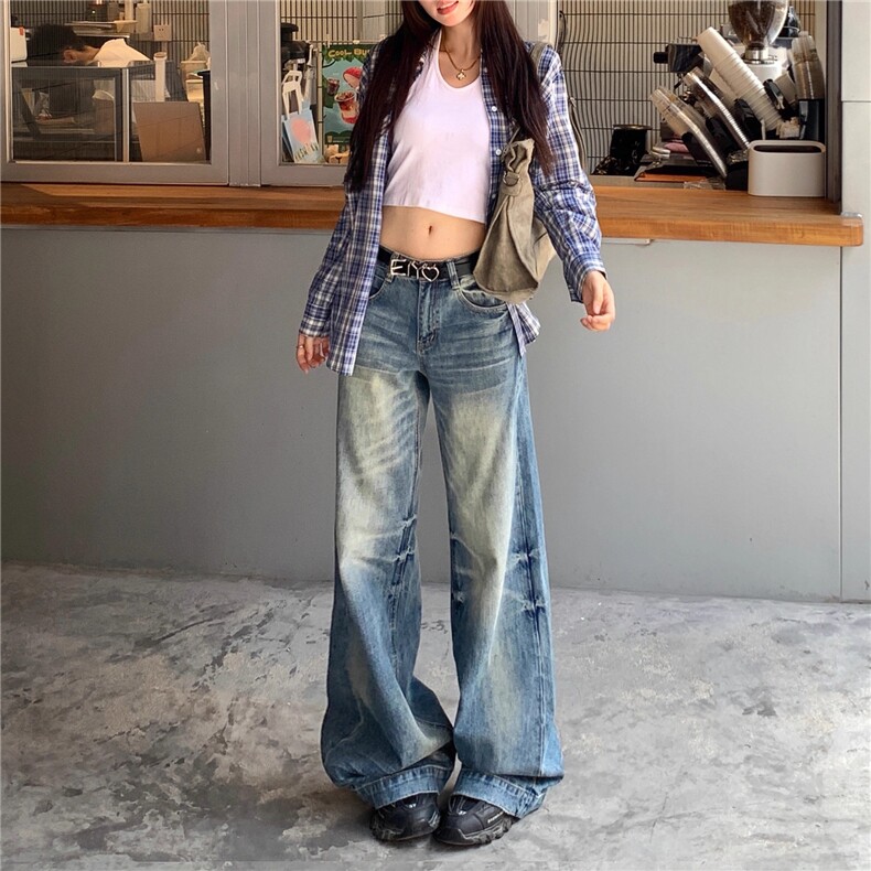 美式水洗蓝猫须直筒牛仔裤女秋季新款显瘦宽松百搭垂感拖地裤,男装牛仔裤,星座1210-1