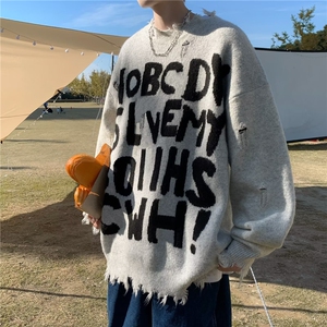 美式vibe字母破坏毛边针织衫男秋冬季高街潮牌设计感毛衣9124-p43图片