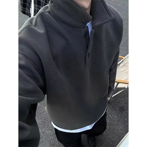 深灰色polo领卫衣男秋冬款长袖打底美式复古翻领外套WB486-P40图片