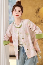 2025新款春装缎面宽松复古百搭通勤花色圆领短外套，女装短外套，然然