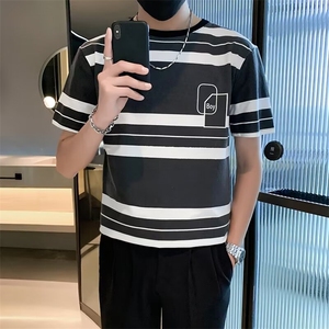 痞帅T恤男短袖夏季修身中袖条纹体恤设计感上衣服潮流半袖 G42图片