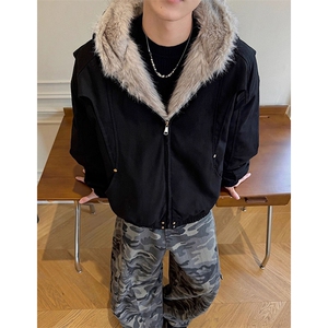 现货高品质美式高街冬季重磅硬挺短款座山雕毛领棉衣男女加厚外套图片