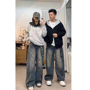 网图   K998-特P43      情侣美式高街牛仔裤男女弯刀裤阔腿长裤图片