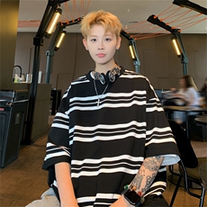 C473-P38夏季新款宽松圆领半袖上衣日系潮牌条纹短袖T恤男现货，男装T恤，星座512-6