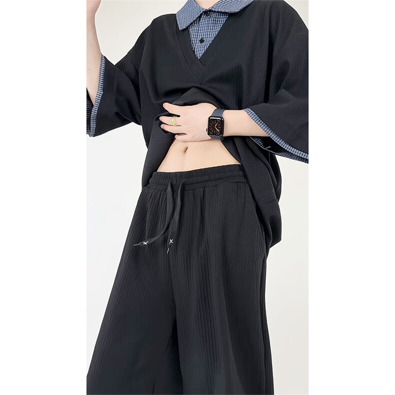 夏季宽松衬衫领假两件短袖T恤套装潮短裤XZ808B-WH071-特P55控98,男装牛仔裤,星座808B
