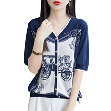 V领提花短袖T恤女夏季2025新款打底衫洋气大码女装冰丝针织上衣，女装针织衫/毛衣，源达羊绒