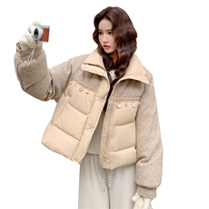 设计感亮片拼接羽绒服女2025冬季新款日系浅卡其色氛围感90绒外套，女装羽绒服，2D078