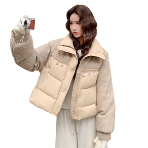 设计感亮片拼接羽绒服女2025冬季新款日系浅卡其色氛围感90绒外套图片