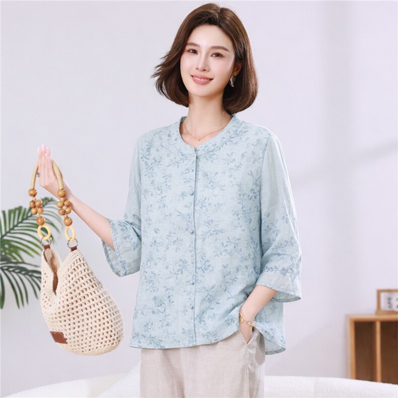 2026夏季苎麻新款碎花衬衫女七分袖中式休闲气质小衬衫,女装衬衫,忆绮罗