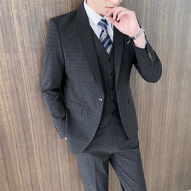 新款格子西装男套装新郎结婚礼服三件套修身西服1012-SJT828-P280图片
