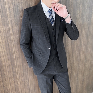 新款格子西装男套装新郎结婚礼服三件套修身西服1012-SJT828-P280图片