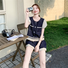 2025夏季新款时尚百搭蕾丝拼接牛仔上衣高腰显瘦短裤两件套套装女，女装套装/套裙，2C159