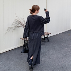 韩系慵懒气质套装裙女收腰显瘦条纹拼接上衣2025新款半身裙两件套，女装套装/套裙，浙宝301