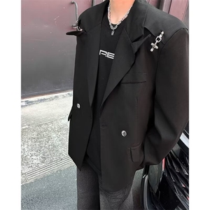 高级飞机金属扣垫肩白色西装男痞帅炸街设计感小众西服W6144-P75图片