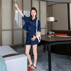 盐系复古牛仔衬衫上衣阔腿短裤套装女2025夏季新款甜酷减龄两件套，女装套装/套裙，2C212