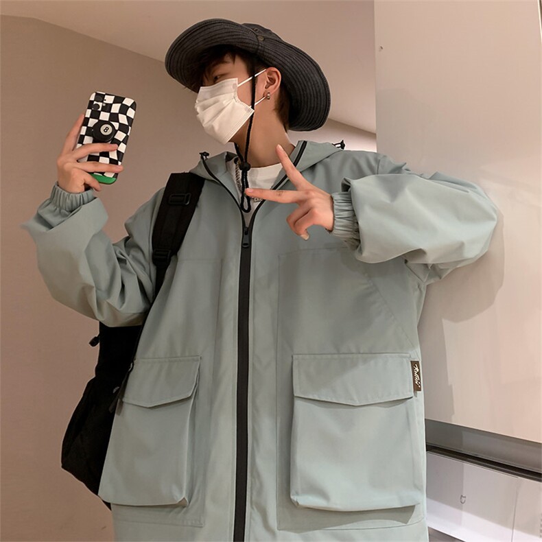 新款连帽冲锋衣夹克男港风纯色潮流休闲外套JK2301-P68图片
