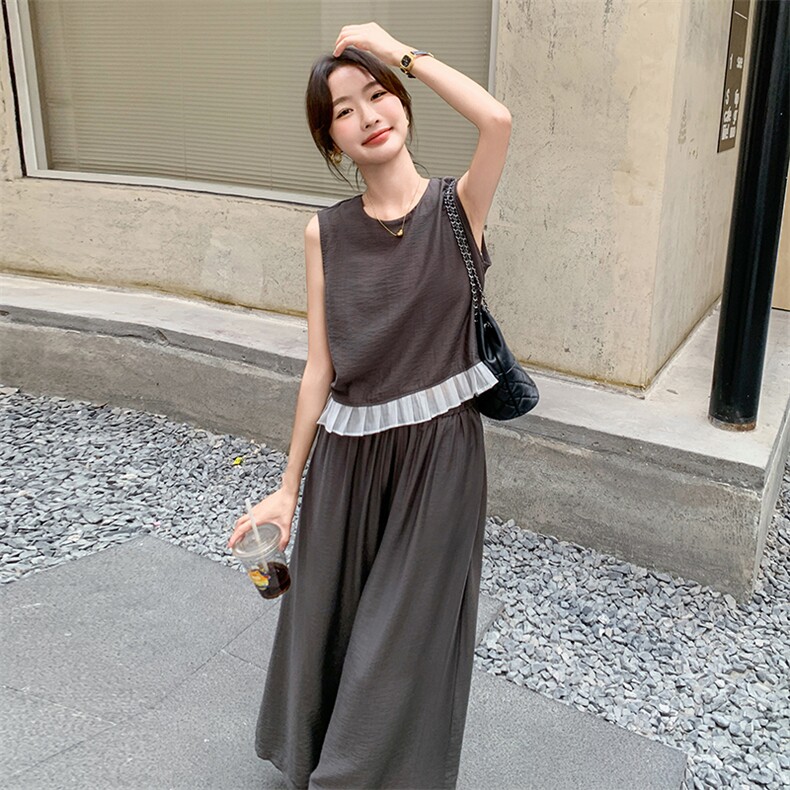灰色无袖背心上衣套装夏季女2025新款时尚松弛感休闲阔腿裤两件套,女装套装/套裙,2C129