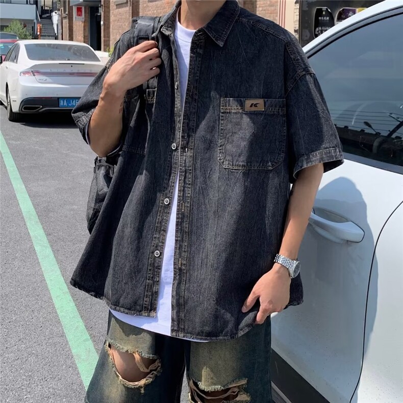 牛仔衬衫男港风潮流个性ins宽松2026夏季新款百搭外套CY311-P46,男装衬衫,星座412