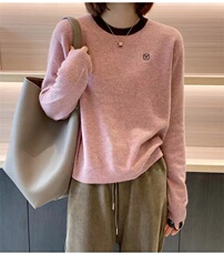 时尚百搭拼色刺绣圆领针织衫女春秋宽松毛衣撞色羊毛打底衫，女装针织衫/毛衣，半城羊绒