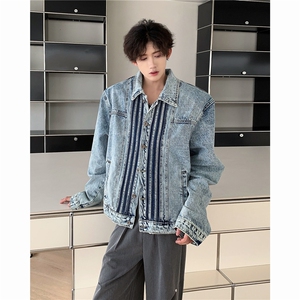 美式覆古三条杠牛仔外套男款潮流街头百搭短款工装夹克W6681-P70图片