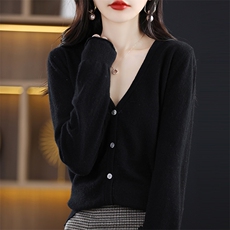 2024秋冬新款羊毛女士V领纽扣羊毛开衫，女装羊毛衫，润辉羊绒