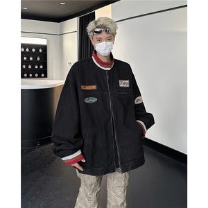 复古立领做旧情侣牛仔外套男春季贴布机车赛车服夹克上衣JK8945