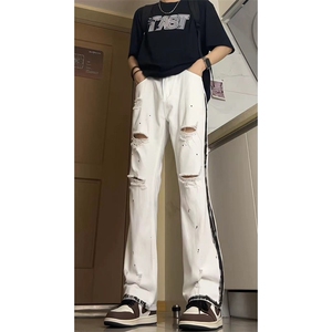 新中式夏季美式ins高街hiphop破洞喷漆牛仔休闲长裤货号K739P65