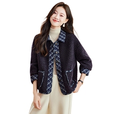 2025年冬季格子拼接羊羔毛上衣皮毛一体外套，女装羊羔毛/颗粒绒，简韵佳