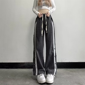 潮流时尚休闲男女牛仔裤美系条纹运动直筒长裤百搭P42图片