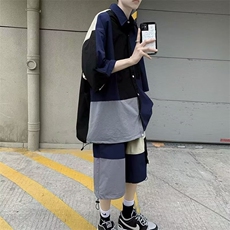 夏季休闲套装男日系宽松拼接短袖衬衫工装短裤套装HA04P40，男装衬衫，星座1116-2