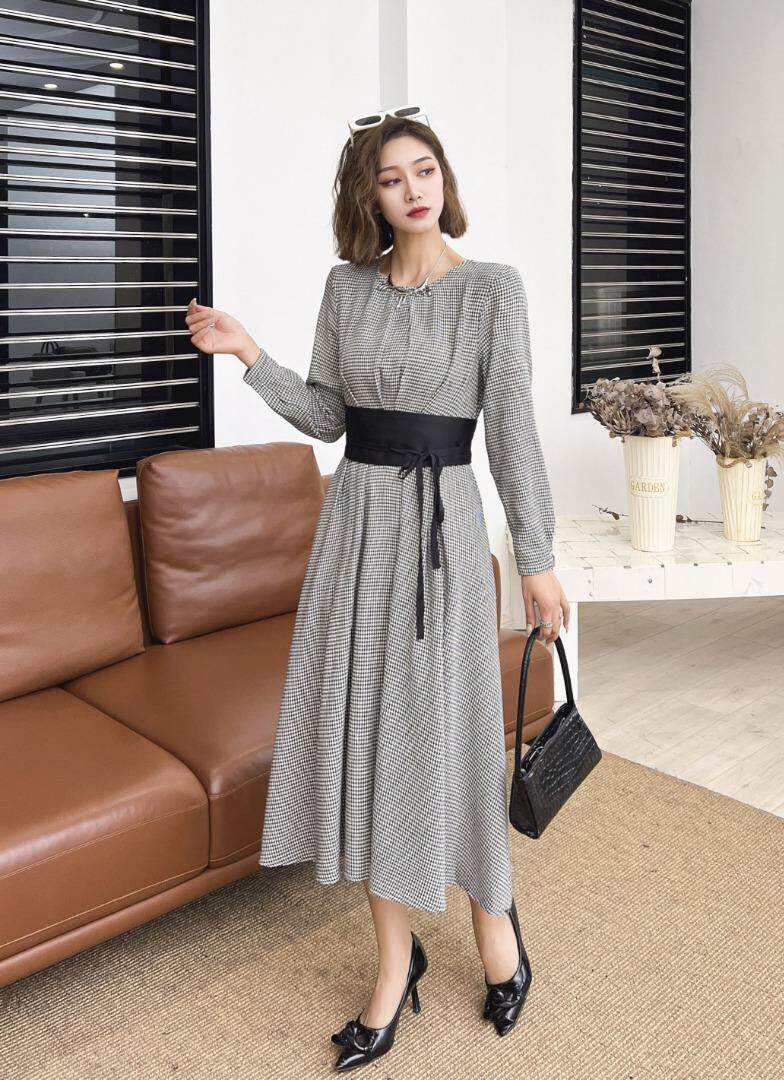 千鸟格撞色腰带连衣裙，女装连衣裙，迪蔓君翔