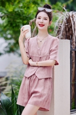 新中式复古盘扣棉麻套装女夏季小个子气质高级感小香风短裤两件套，女装套装/套裙，依路服饰