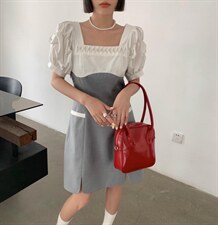 重工拼接领口手工提花设计感连衣裙，女装连衣裙，DTU(6F)