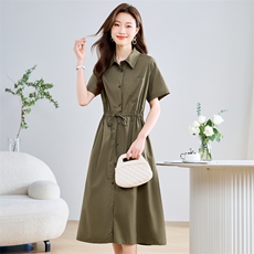 高档纯棉衬衫连衣裙女中长款2025夏新款系带收腰休闲气质减龄裙子，女装连衣裙，木子恋